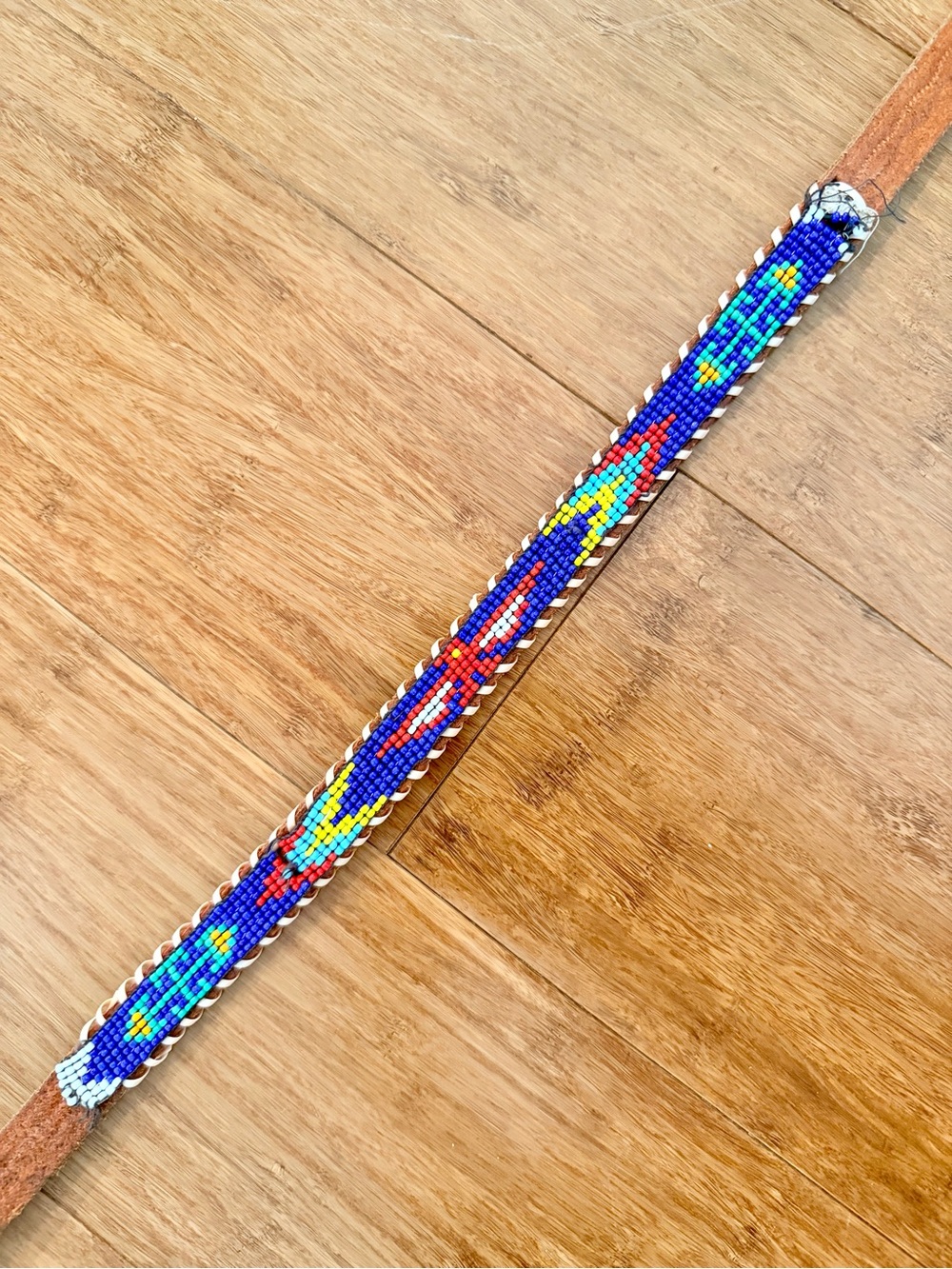 VintageHandmade Beaded Women’s Leather Belt - Blue Multicolor Pattern with Eagle